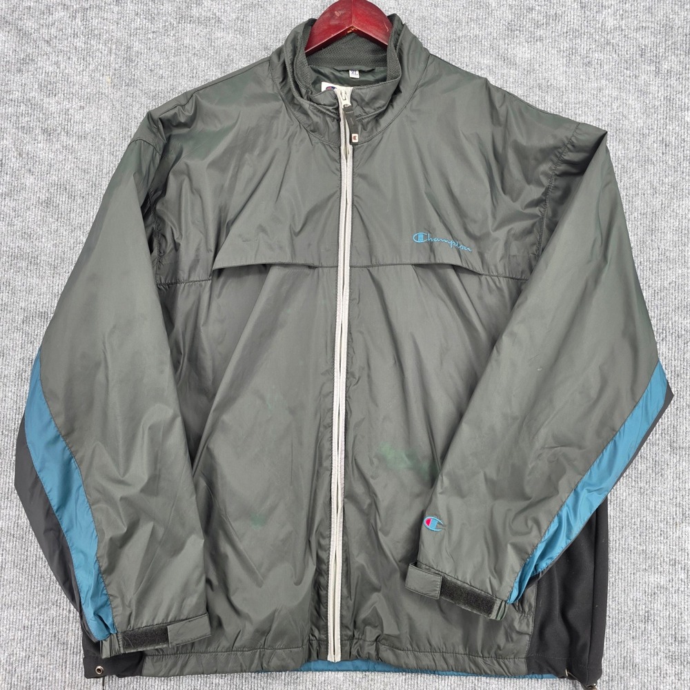 Champion Windbreaker Jacket Mens XL Grey Teal Colorblock Full Zip Mesh Lined